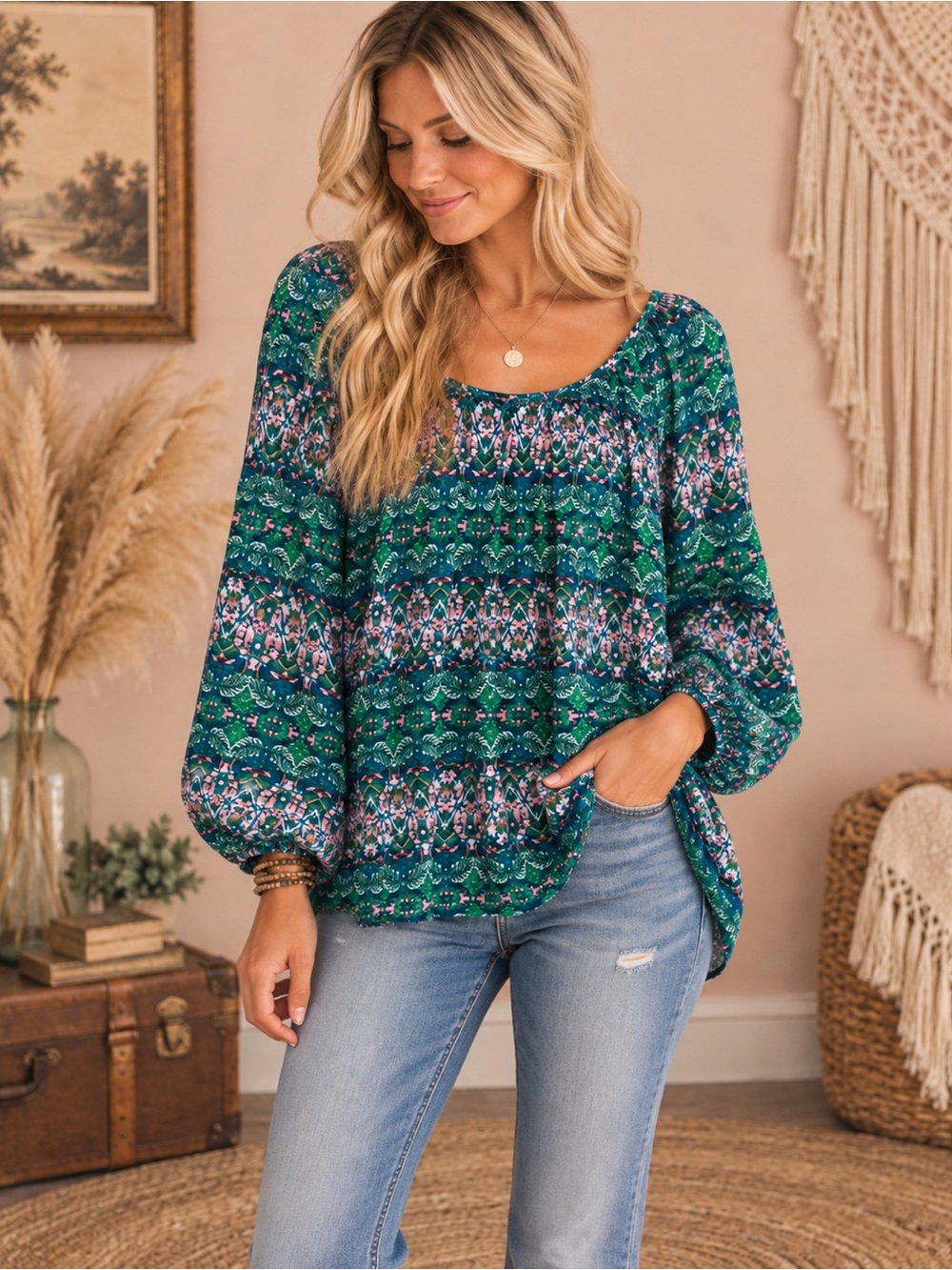Boho Green Printed Scoop-Neck Peasant Blouse